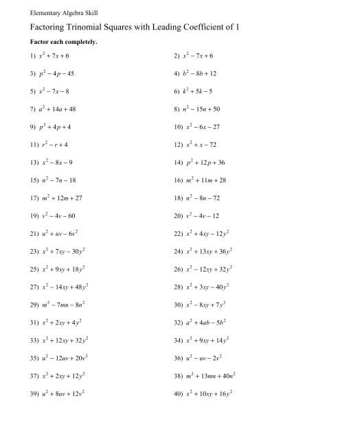 Factor Quadratics With Leading Coefficient 1 Algebra 1 Math Worksheets 