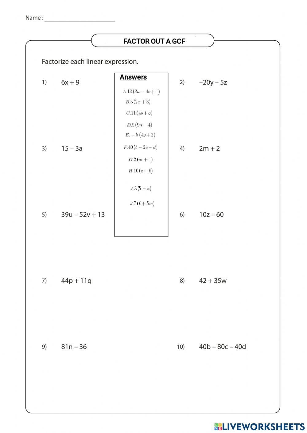 Factoring A GCF Worksheet