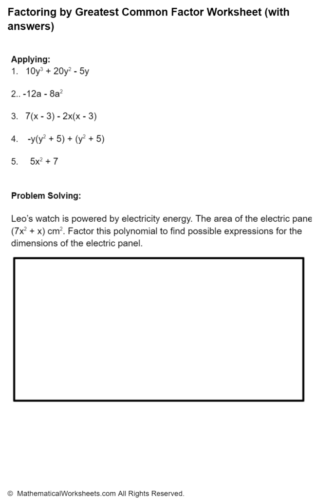 Factoring By Greatest Common Factor Worksheet with Answers 