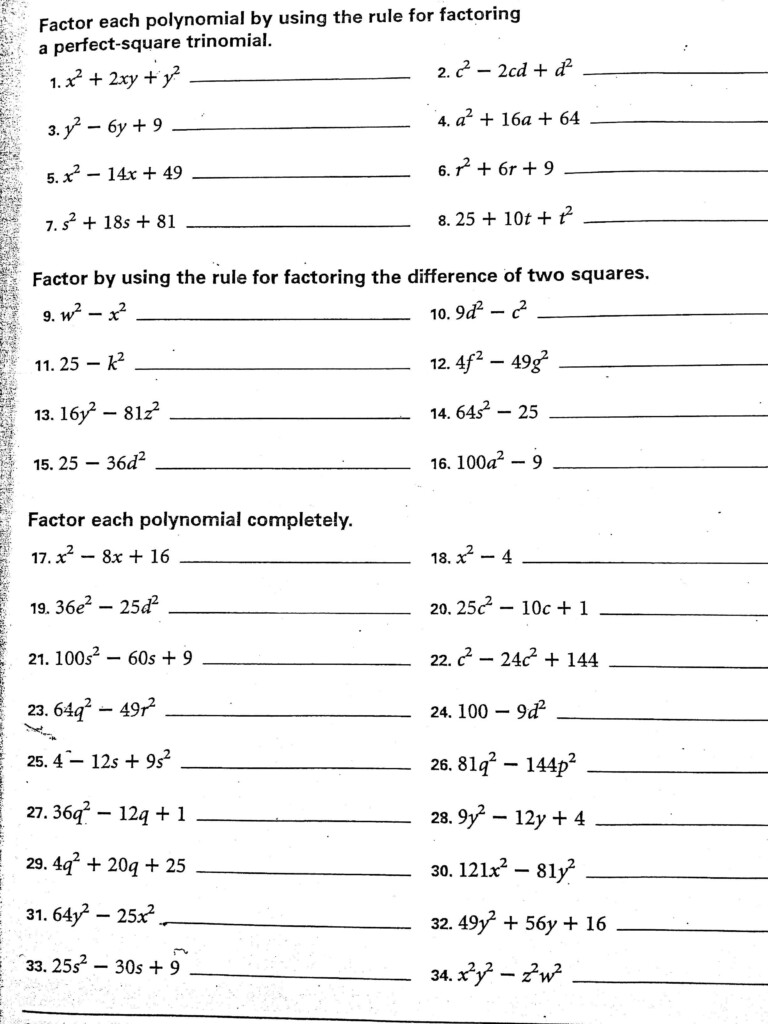 Factoring Difference Of Squares Worksheet