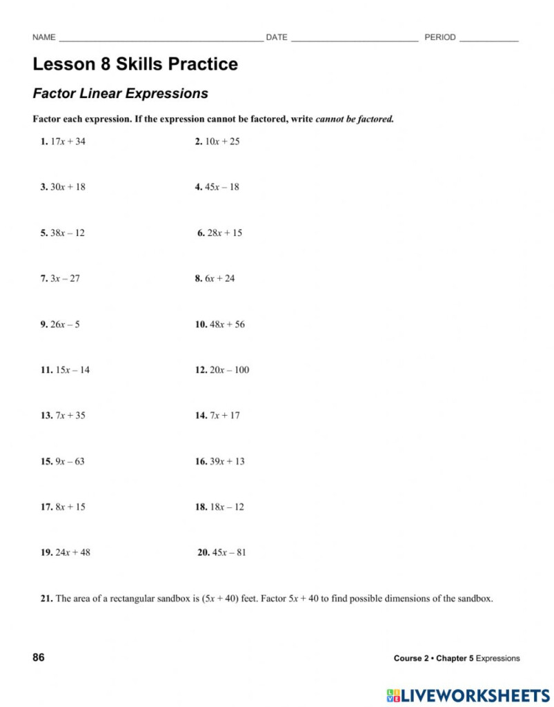 Factoring Linear Expressions Worksheet Educational Worksheet