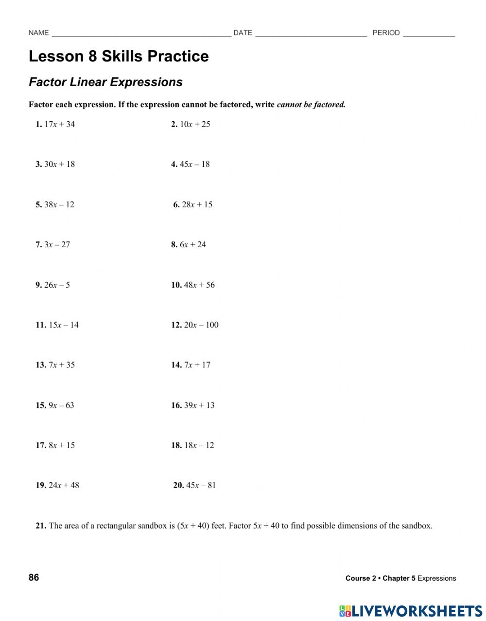 Factoring Linear Expressions Worksheet 7th Grade Mcgraw Hill ...