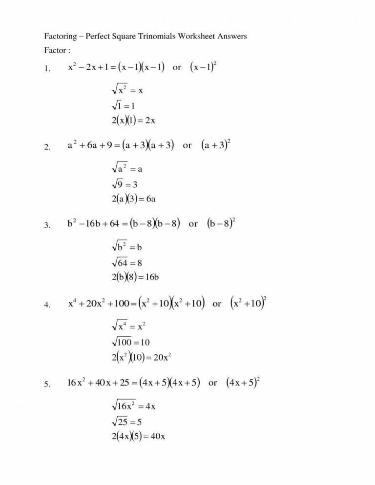 Factoring Perfect Square Trinomials Worksheet Or 9th Grade 