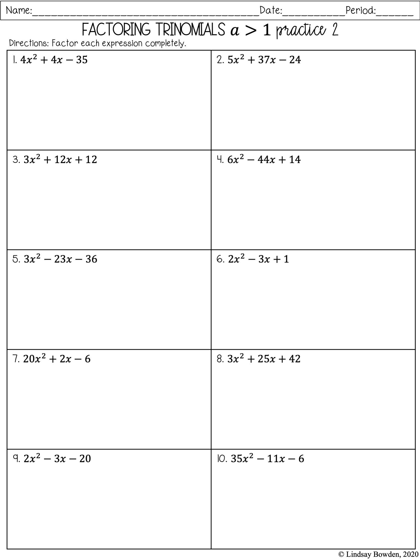 Factoring Polynomials Notes And Worksheets Lindsay Bowden