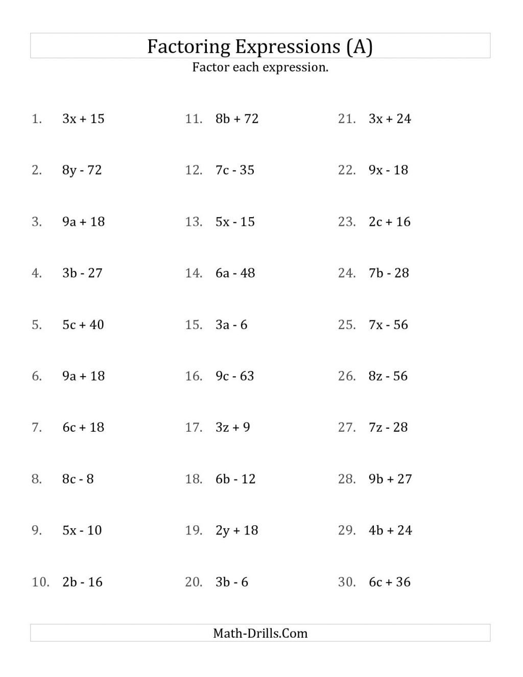 Factoring Problems Worksheets