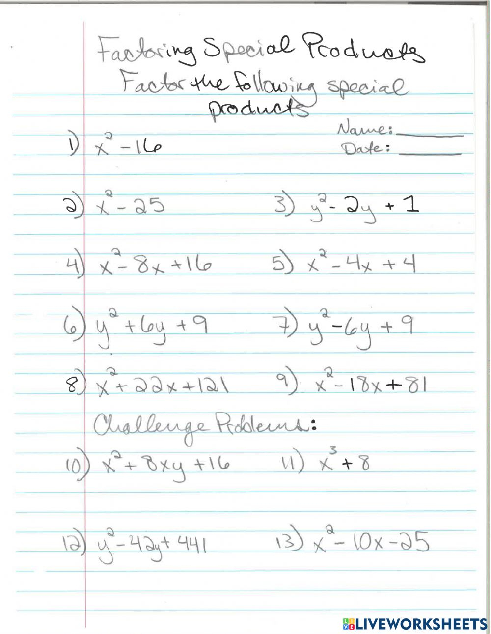 Factoring Special Products Worksheet