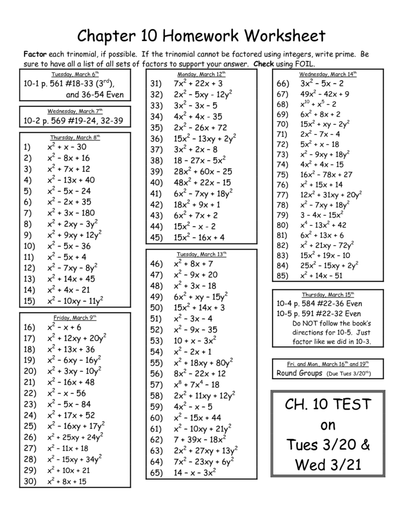 Factoring Trinomials A 1 Worksheet Db Excel Quadraticworksheet