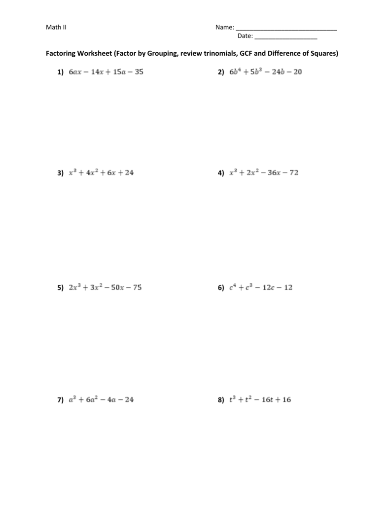 Factoring Worksheet Factor By Grouping Review Trinomials GCF
