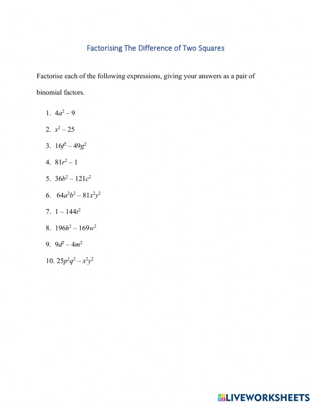 Factoring Difference Of Two Squares Worksheet