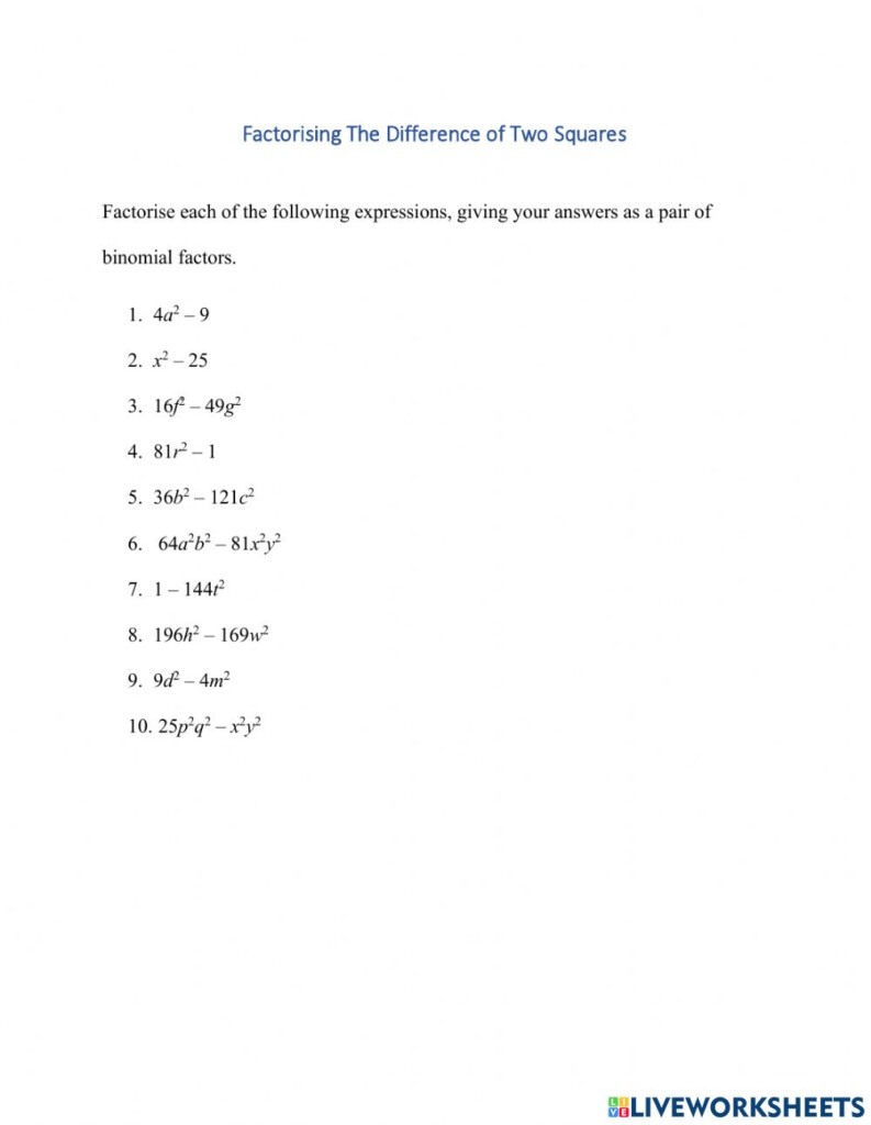 Factorising The Difference Of Two Squares Worksheet