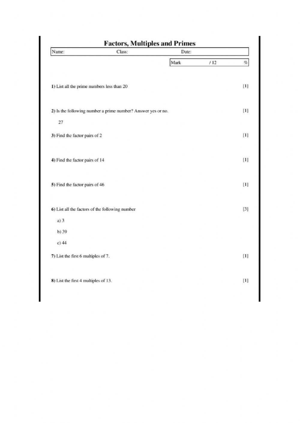 Factors Multiples And Primes Worksheet