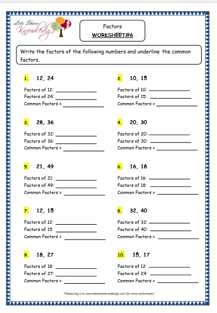 Factors Worksheet Grade 4