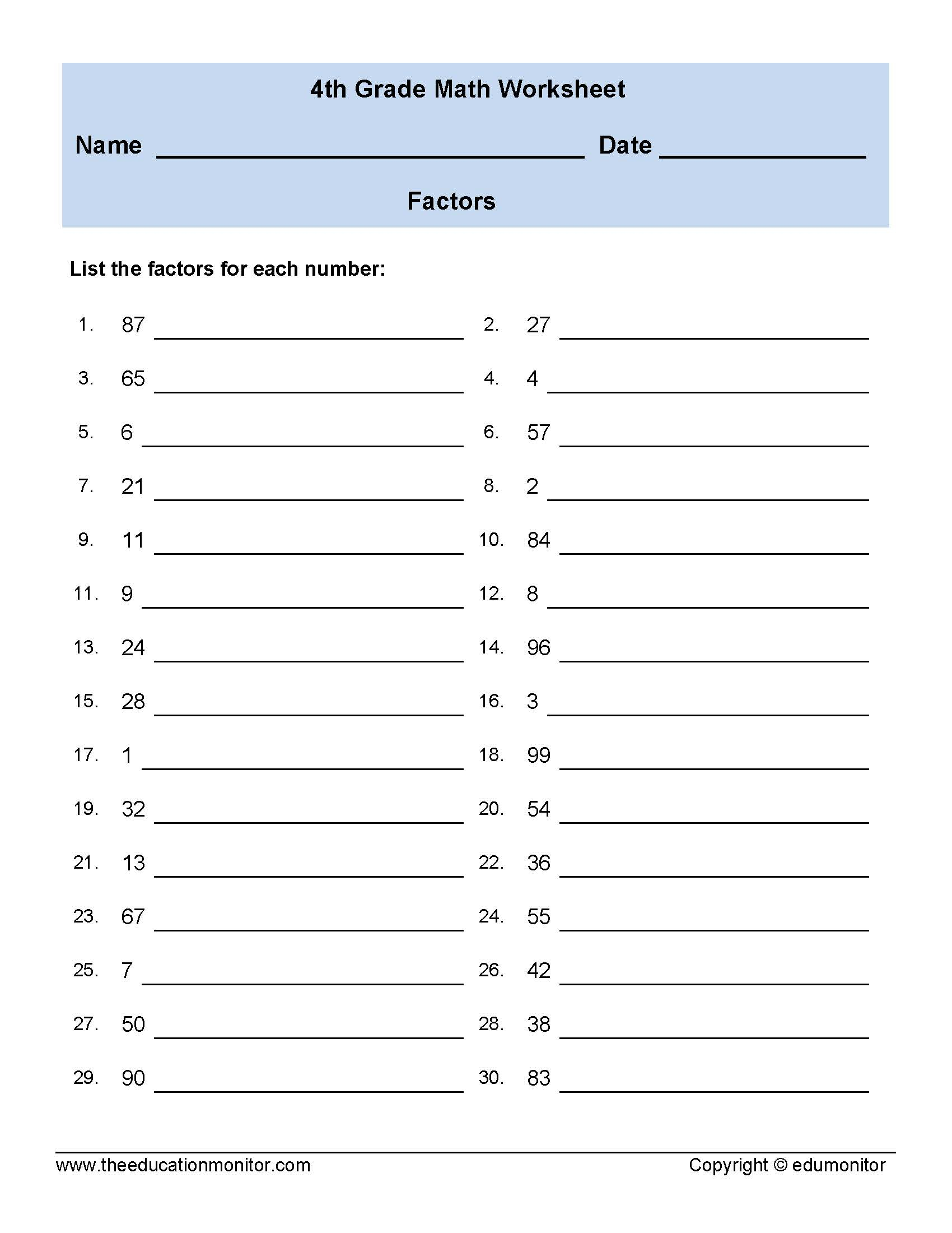 Factors Worksheet Grade 4