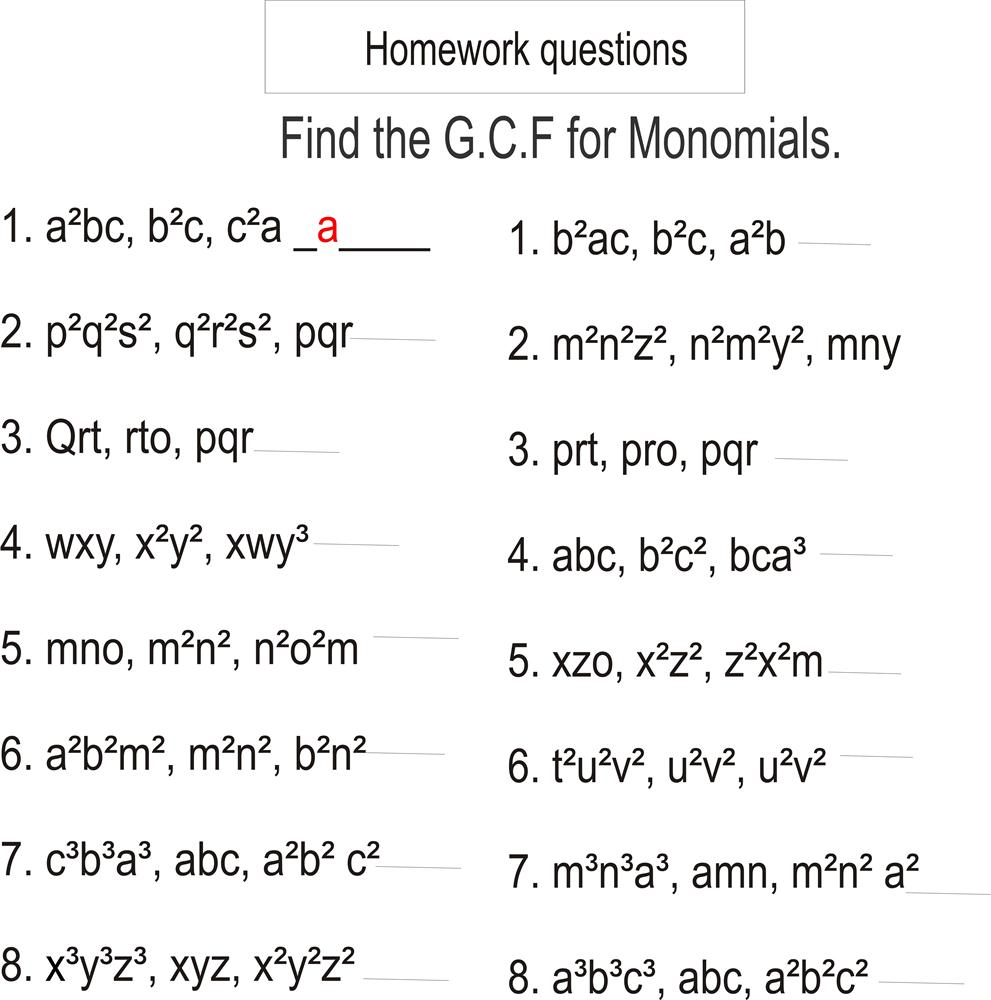 Greatest Common Factor Homework Questions Monomials