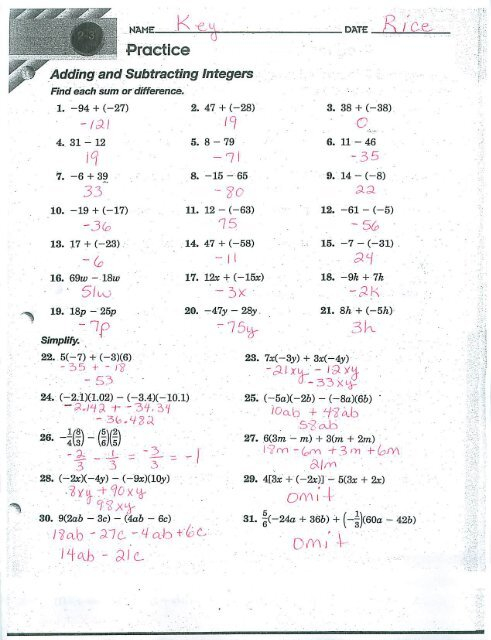 Integer Combine Like Terms Worksheet Key