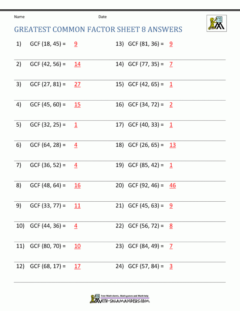 Least Common Multiple Worksheet