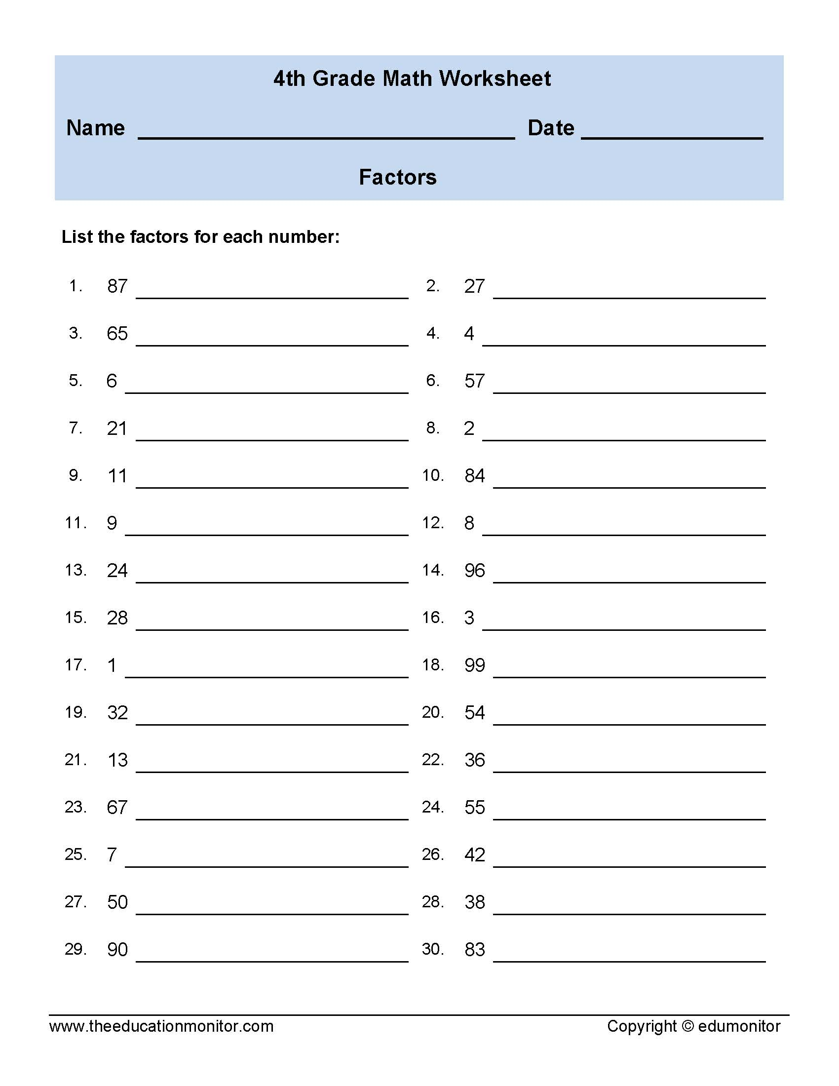 Math Factors Worksheet 4th Grade For Math Drills