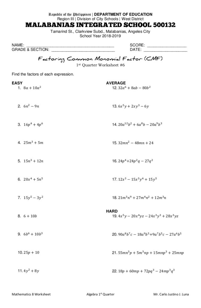 May Sheets Factoring By Grouping Worksheet Math Aids Epidemic