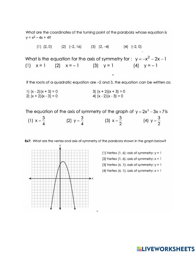 Parabola Quadratic Activity Worksheet