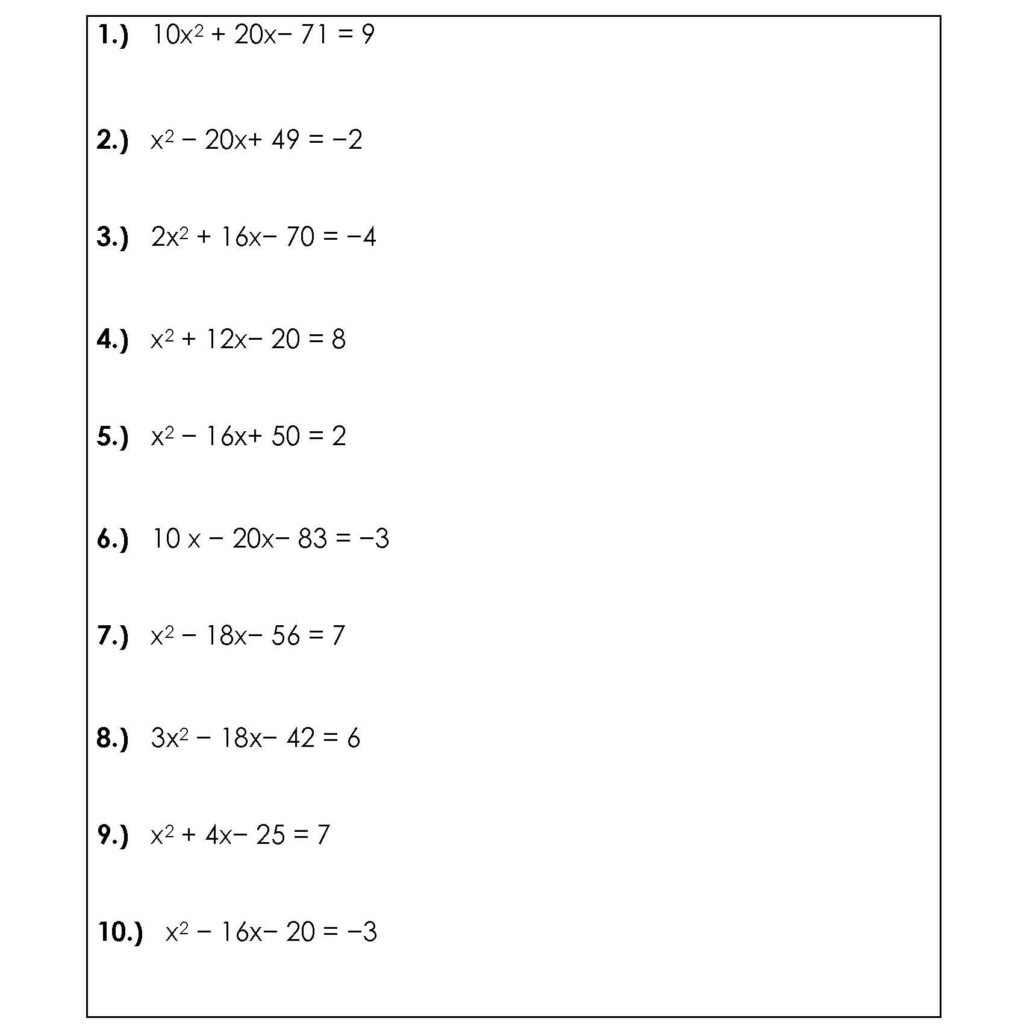 Quadratic Equation Worksheet