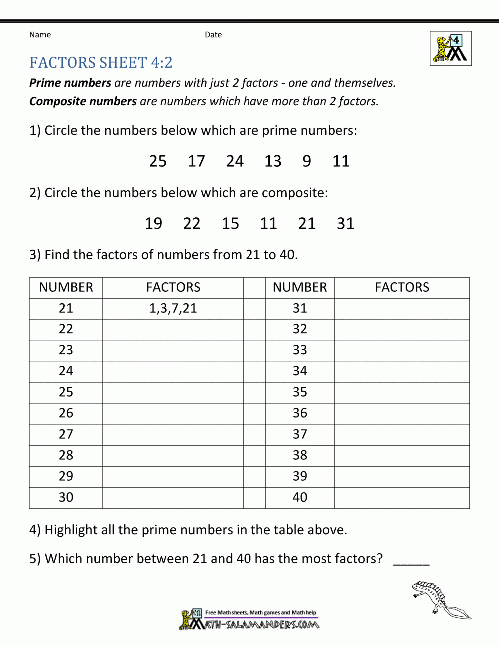 Quiz 4Th Grade Factors And Multiples Worksheets For Grade 4 
