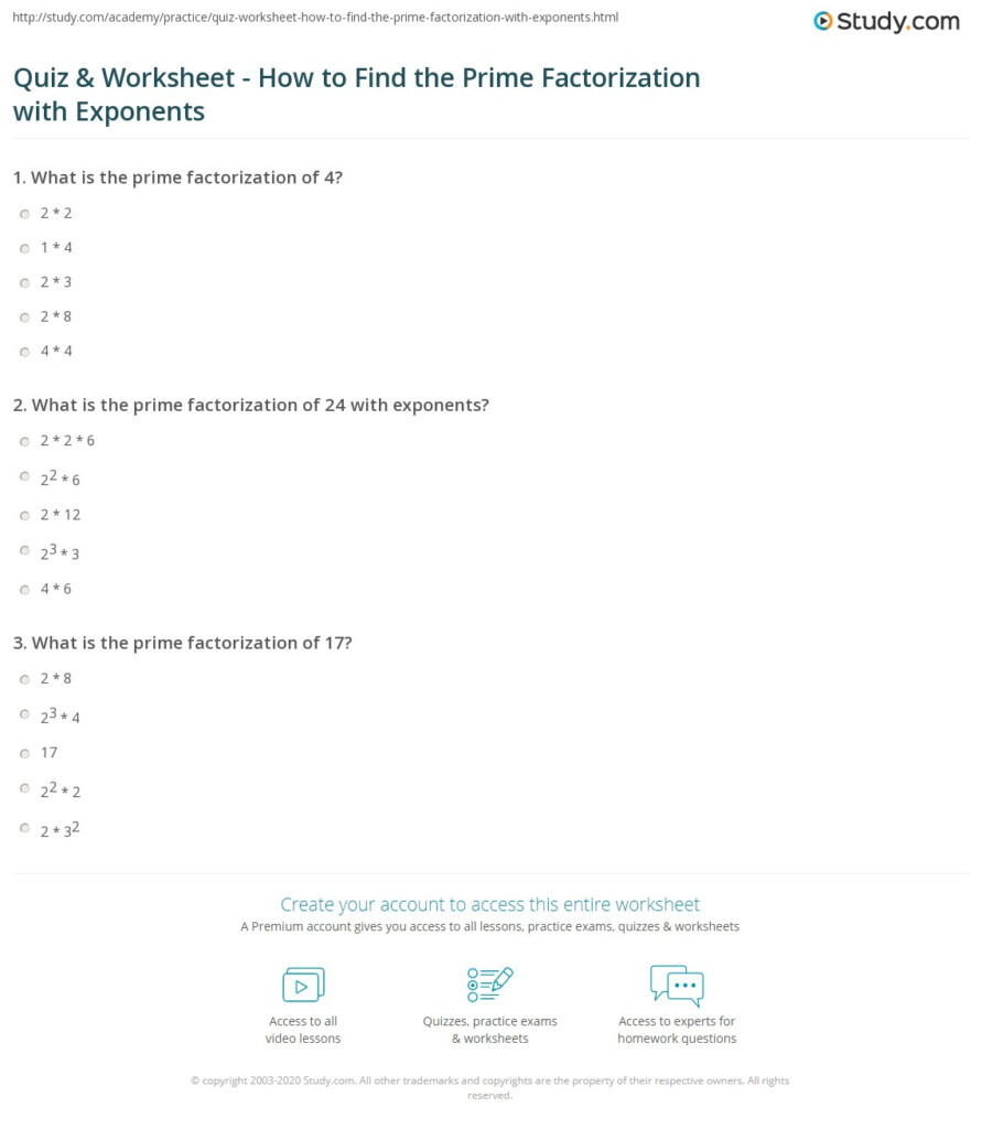 Quiz Worksheet How To Find The Prime Factorization With Exponents 