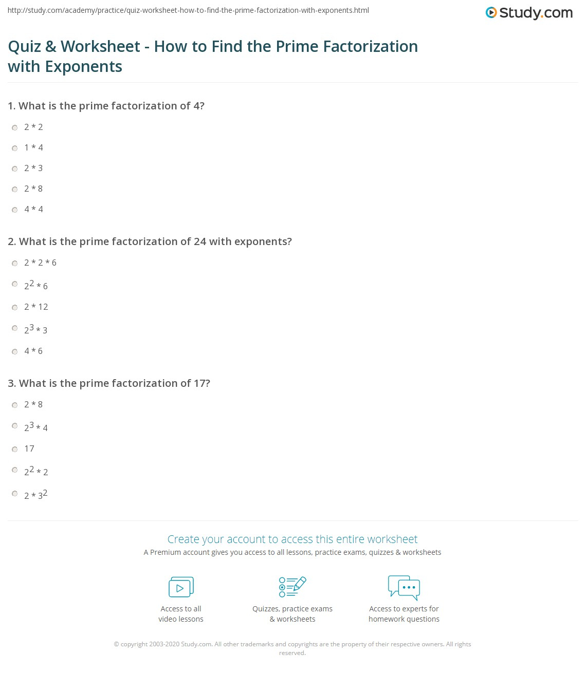 Quiz Worksheet How To Find The Prime Factorization With Exponents 