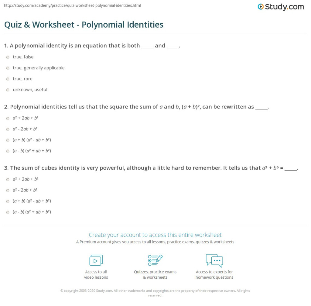 Quiz Worksheet Polynomial Identities Study