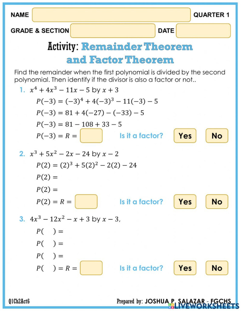 Remainder Theorem And Factor Theorem Worksheet