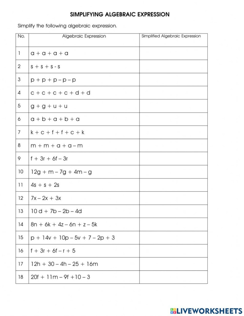 Simplifying Algebraic Expressions Worksheet Answers