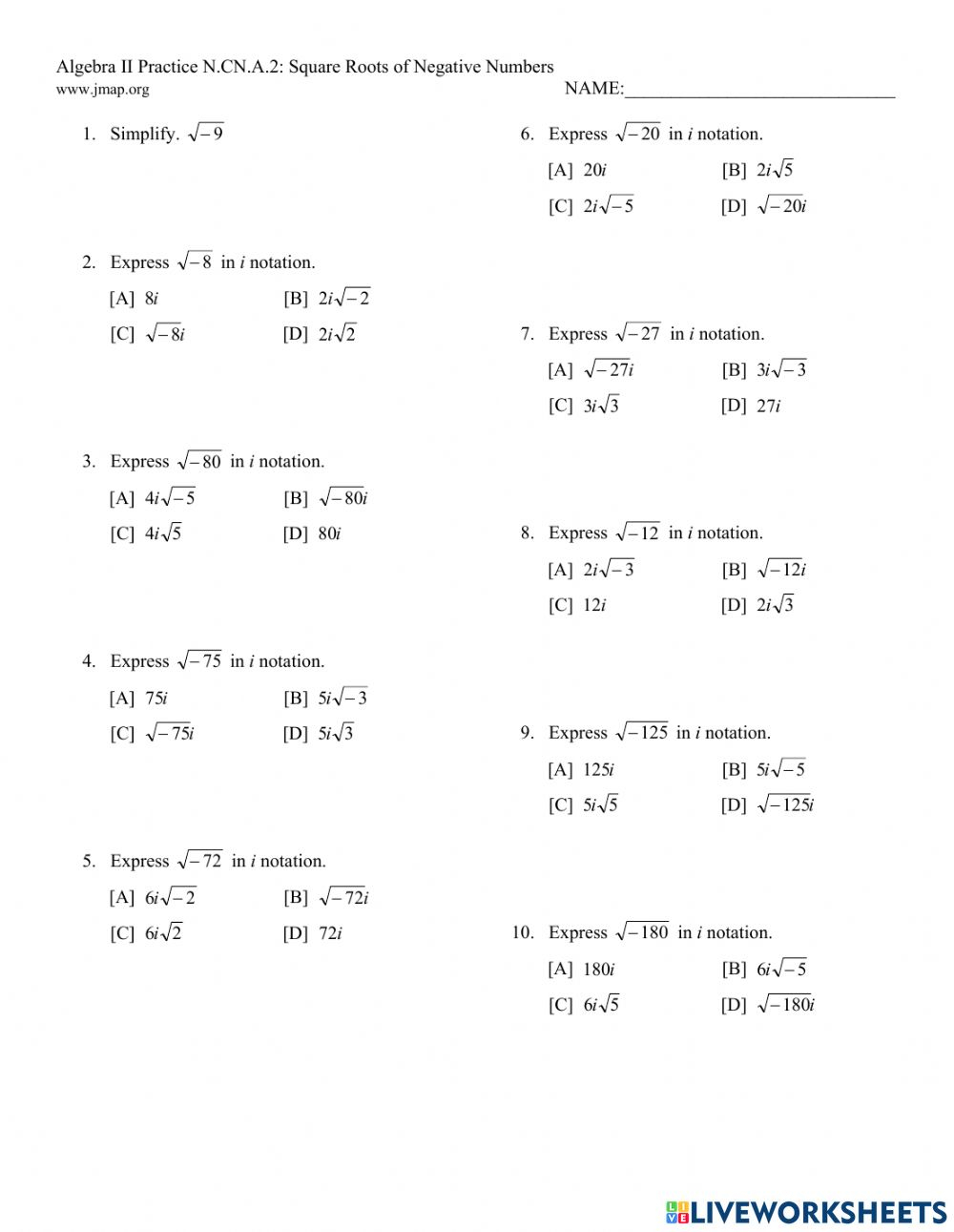 Simplifying Complex Numbers Worksheet