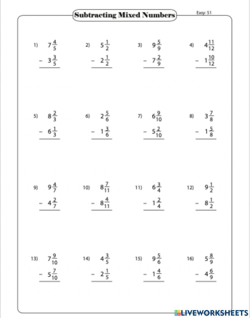 Subtracting Mixed Numbers Worksheet