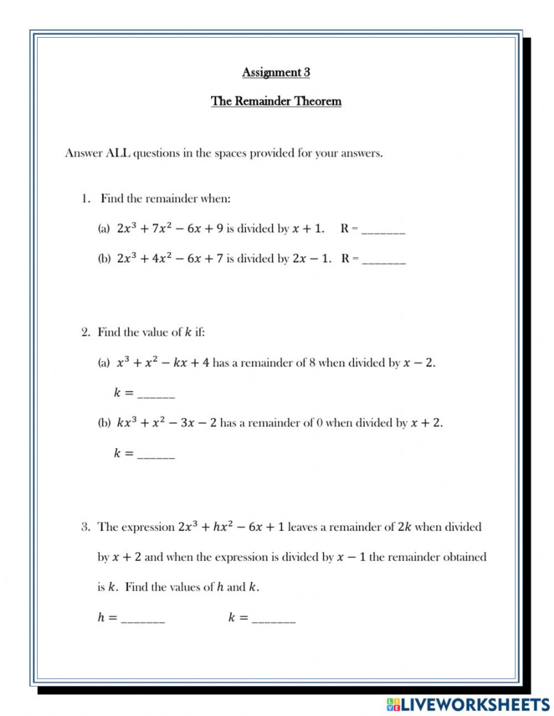 The Remainder Theorem Worksheet