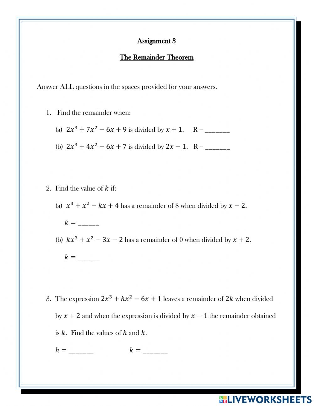 The Remainder Theorem Worksheet