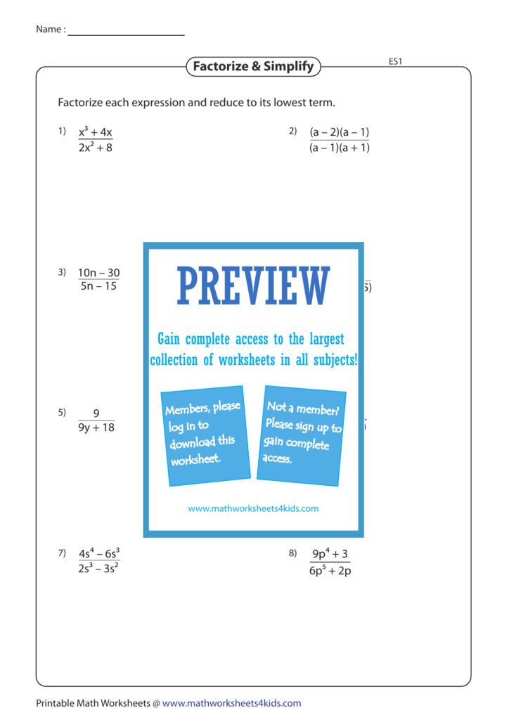 Worksheet Factorize simlify rational Easy1