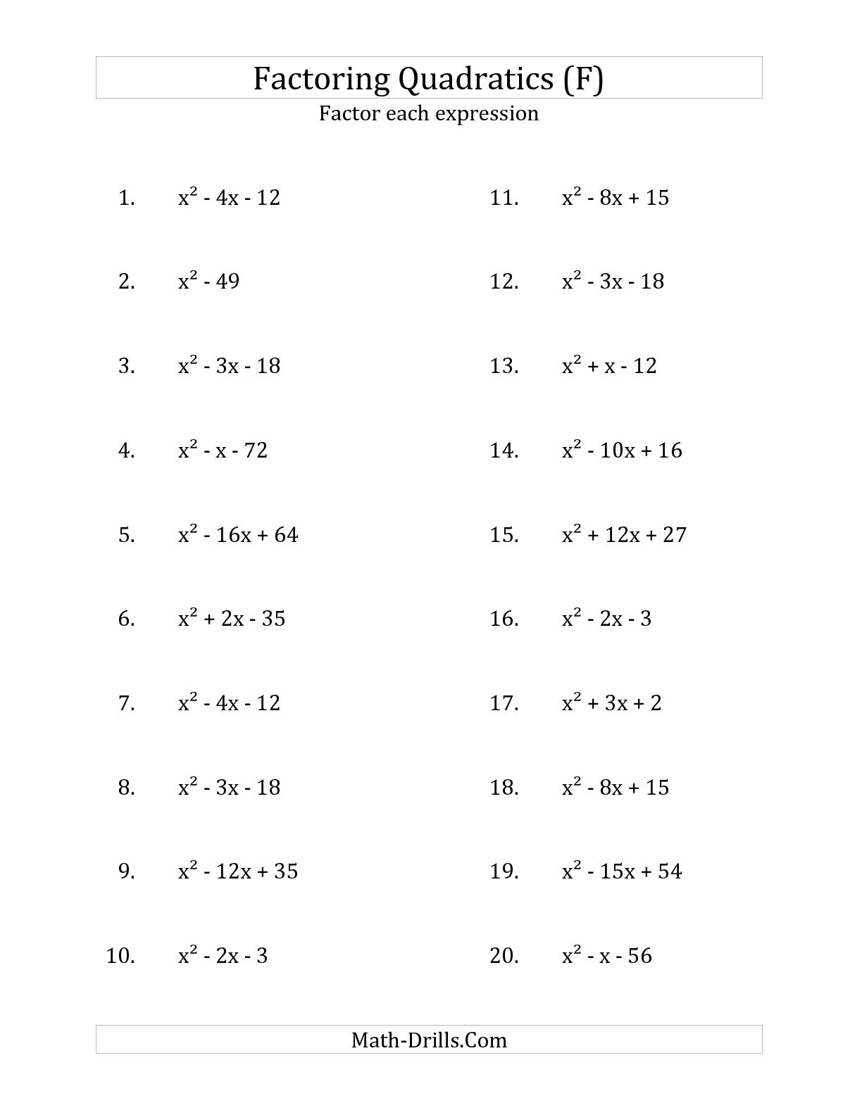 15 Factoring Quadratics Worksheet Worksheeto