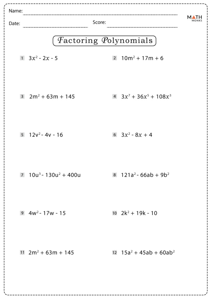 Factoring Polynomials Practice Worksheet With Answers