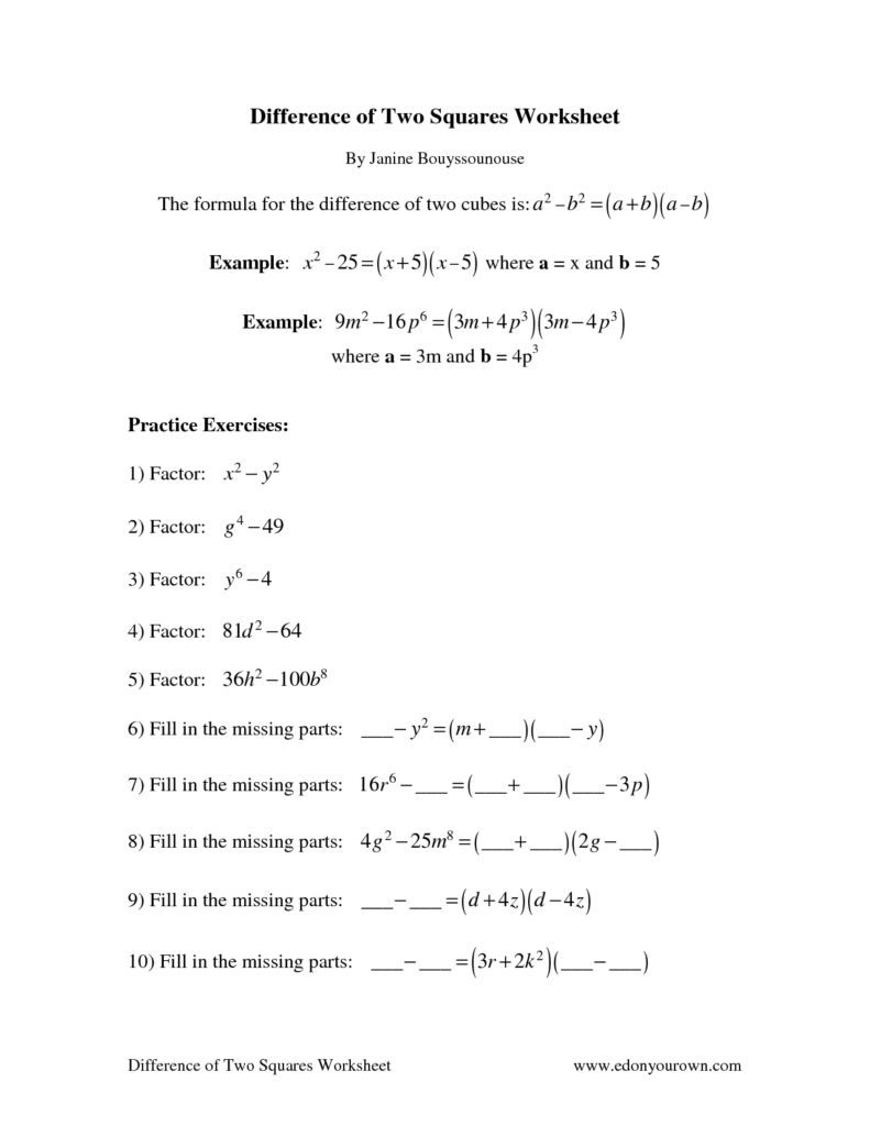 Factoring The Difference Of Squares Worksheet