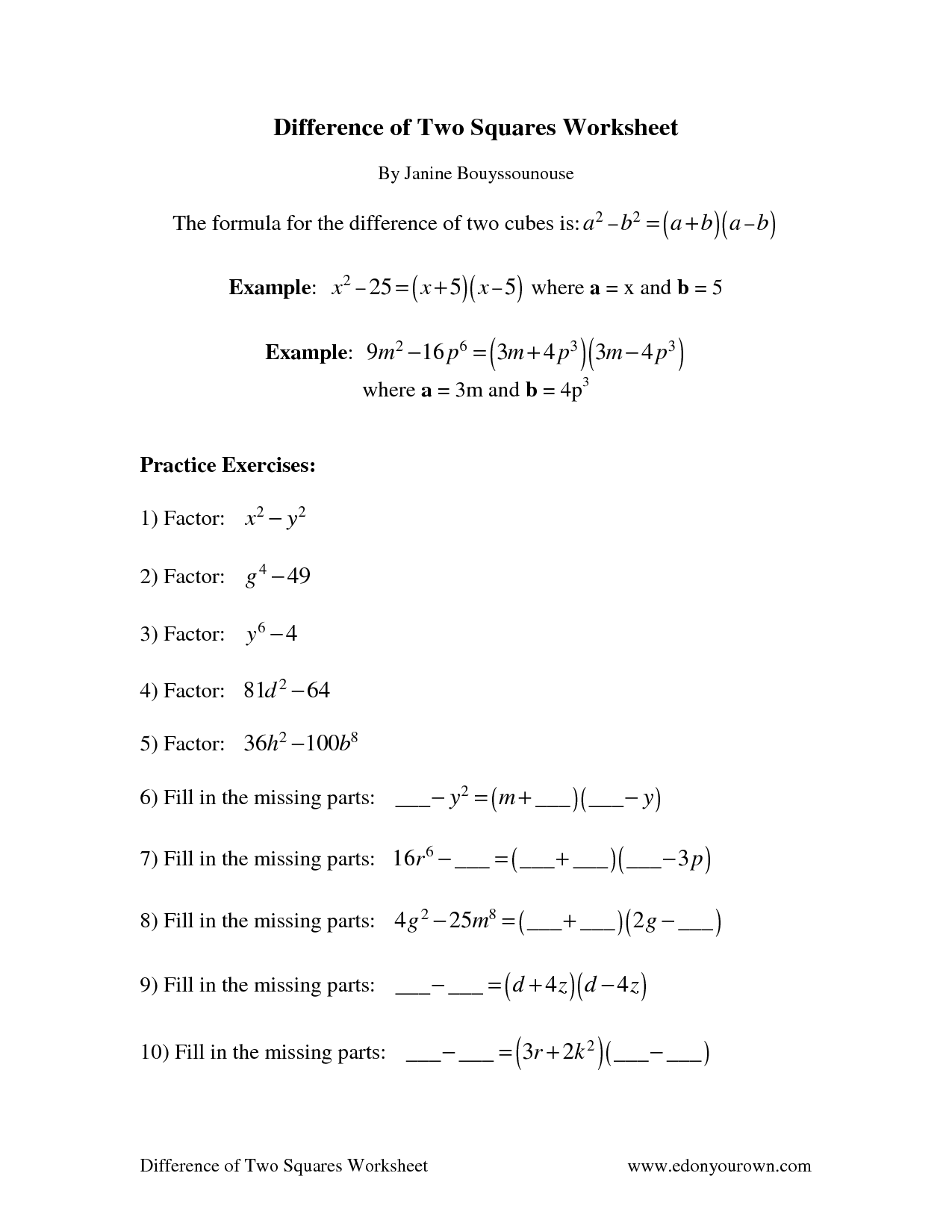 Factoring The Difference Of Squares Worksheet