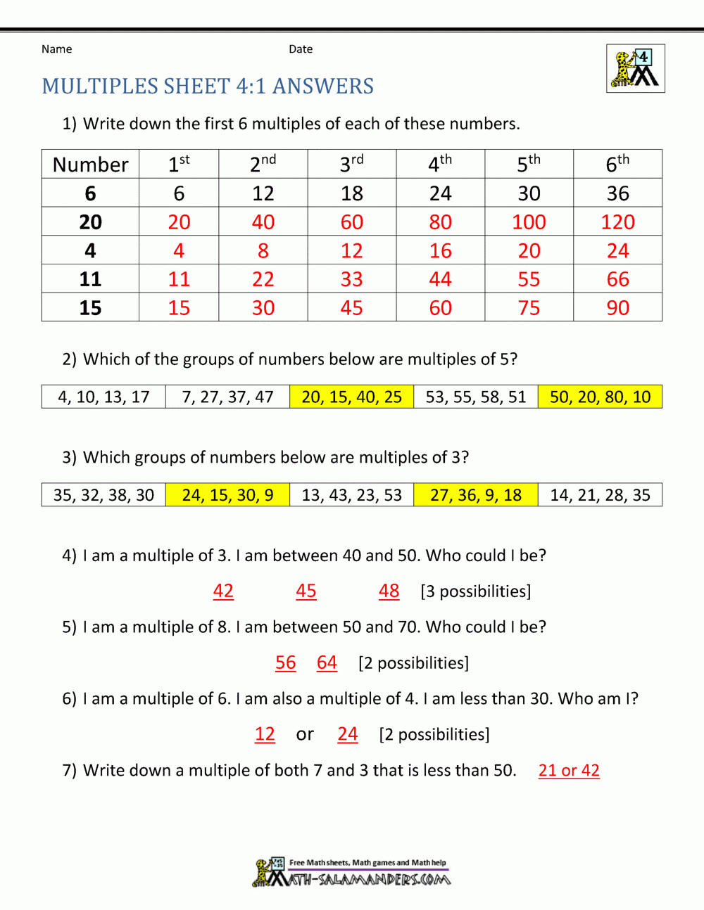 Factors And Multiples Worksheet