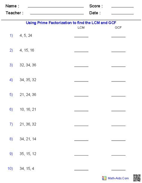 Least Common Multiple And Greatest Common Factor Worksheets Gcf And Lcm 