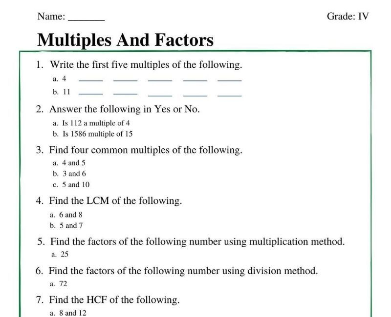 Multiples And Factors Worksheets For Grade 4 Math Division Worksheets 