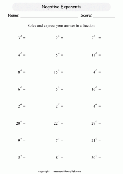 Negative Exponents With Variables Worksheet