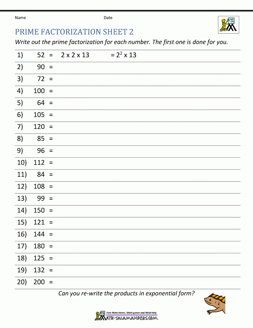 Worksheet For Prime Factorization